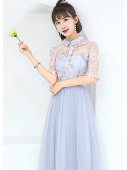 เดรสราตรียาวออกงานสีเทา คอปก แขนผ้าโปร่งลายปัก