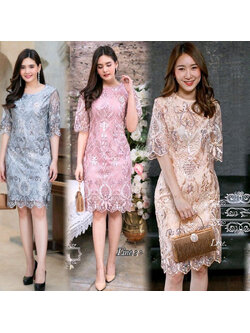 kudapy เดรสสั้นสีชมพู/สีฟ้า/สีทอง ลูกไม้เกรดPremium งานลูกไม้ปักลายดอกเลื่อมเด่นชัดสวยสะดุดตา