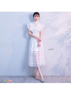 kudapy เดรสpk;สีขาว ลูกไม้แขนกุดไหล่ระบาย งานลูกไม้ใหม่ล่าสุด