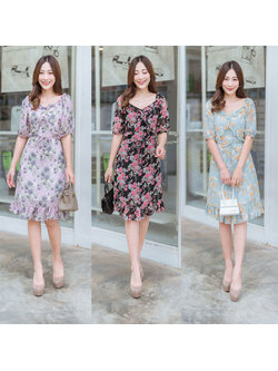 kudapy เดรสสั้นลายดอกคอเหลี่ยมสีชมพู,เขียว,ดำ ลายดอกเกาหลีสวยน่ารักสไตส์คุณหนูมากๆ