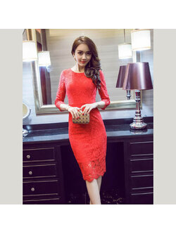 kudapyเดรสสั้นสีแดง ออกงานผ้าลูกไม้แขนยาว สวยหรูหรามีระดับ