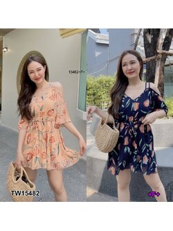 kudapy เดรสสั้นสีกรม/สีโอรส สายเดี่ยวคู่ ผ้าชีฟอง พิมลายดอกไม้ มีซับใน เอวยางยืด มีเชือผูกเอวแยกชิ้น