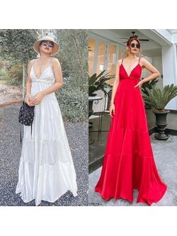 kudapy แม็กซี่เดรสสีขาว สีแดง เดรสสายเดี่ยว อกเสริมฟองน้ำ รูดปรับได้เลยค่ะ ใส่ริมทะเล