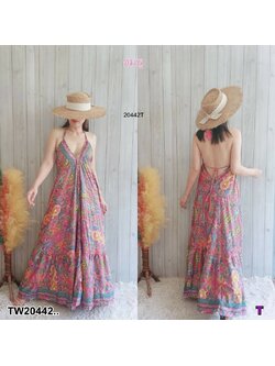 kudapy เดรสายเดี่ยวคู่ มีสายรูดผูกเอวปรับเข้ารูป เนื้อผ้าไหมอินเดียพิมพ์ทอง งานชิว ใส่สบาย ลุคเหมาะกับหน้าร้อนซัมเมอร์