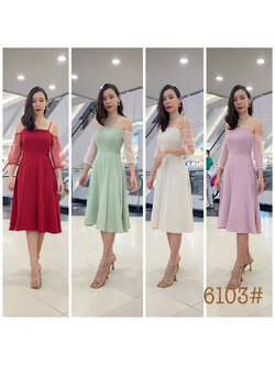 kudapy เดรสสั้นสีชมพูอ่อน ครีม มิ้น แดงเข้ม สายเดี่ยว แขนซีทรู ทรงกระโปรงบาน ใส่เปิดบ่าได้ ซิปหลังยาว