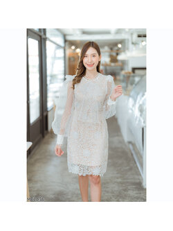 kudapy เดรสสั้นสีขาว แขนยาวผ้าฉลุมีโบว์กลางอกลูกไม้เน้นๆสวยดูดี