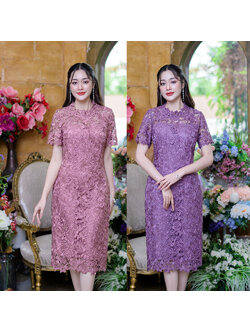 kudapy เดรสสั้นสีชมพูกะปิ/สีม่วงเผือก ลูกไม้เกรดสวยพรีเมี่ยม ลายดอกไม้ ดีไซน์เปิดอกบนให้เป็นซีทรู