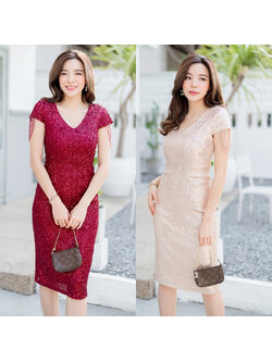 kudapy เดรสสั้นสีทอง/สีแดง คอวีปักเลื่อม ใส่สบายสวยดูดี
