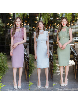 kudapy เดรสสั้นสีชมพู/สีเขียว/สีขาว แขนกุดแต่งลูกไม้