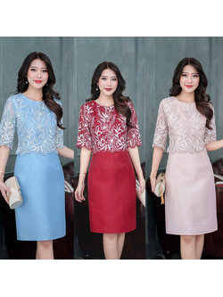 kudapy เดรสสั้นสสีชมพูนุ้ด/สีฟ้า/สีแดง ผ้าไหมลูกไม้ปักลายทูโทน งานดีไซน์เย็บคลุมด้วยเสื้อลูกไม้แขนศอก