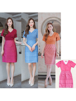 kudapy เดรสสั้นสีแดง/สีฟ้า/สีส้ม/สีชมพู คอบัวกระโปรงลายไทย สวยใส่ออกงานดูดี