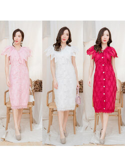 kudapy เดรสยาวสีขาว/สีแดง/สีชมพู คอวีปกระบายกระดุมเหลี่ยม