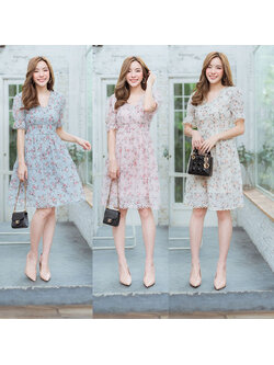 kudapy เดรสสั้นสีชมพู,สีฟ้า,สีครีม .ชีฟองลายดอกไม้ผ้าใส่สบายสวยดูดีน่ารักมากๆ