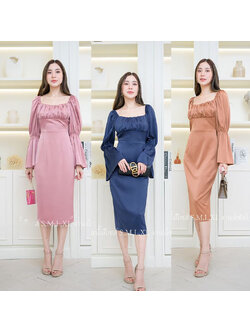 kudapy เดรสสั้นสีชมพู,กรม,น้ำตาลอิฐ สวยจับจีบแขนระบาย ผ้าเครปซาตินเนื้อดีมีซับใน ใส่ออกงาน ใส่ทำงาน