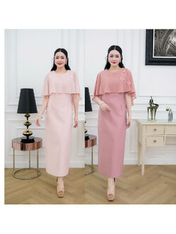 kudapy เดรสยาวออกงาน ผ้าไหมอัดกาวทั้งชุด คลุมไหล่พรางแขน แต่งผีเสื้อเรียงตัวเล็กๆช่วงไหล่