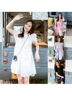 kudapyเดรสสั้นสีขาว/ชมพู/ดำ/ม่วงแขนตุกตา มาในงานผ้าเกาหลีนำเข้า ผ้านิ่มมากใส่สบาย