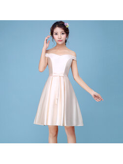 kudapy เดรสสั้นสีส้มแชมเปญ ออกงานแขนเกาะไหล่ ผ้าซาติน สวยหวาน ดูดี