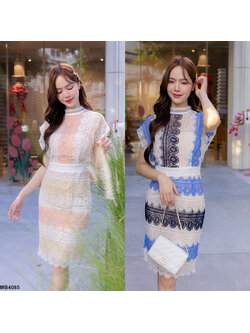 kudapy ชุดเซ็ทสีฟ้า/สีชมพู ใส่ออกงาน ผ้าลูกไม้ลายกลม สีทูโทน มีซับใน พร้อมงานซิปหลัง