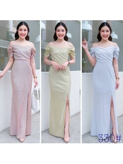 kudapy เดรสยาวสีชมพู/สีเงิน/สีทอง แขนสั้นจีบทิวลิป เปิดบ่า แขนสั้นคอเหลี่ยม กระโปรงหางปลาผ่าหน้า