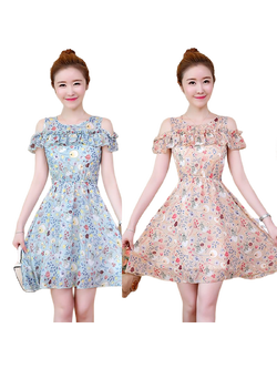 kudapy เดรสสั้นผ้าชีฟอง เดรสเว้าไหล่สีครีม สีเขียวอมฟ้า พิมพ์ลายตามแบบ ทรงบาน เอวจั้ม งานมีซับใน ซิบหลังค่ะ