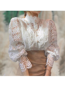 kudapy เสื้อลูกไม้สีขาวแขนห้าส่วน จั้มปลายแขน คอตั้งแต่งด้วยลูกไม้