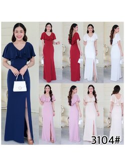 kudapy เดรสยาว คอวี คอระบายคลุมบ่า ทรงสุภาพ กระโปรงหางปลาผ่าหน้าขา ใส่ได้หลายโอกาส