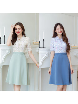 kudapy เดรสสั้นสีเขียวพาสเทล/สีฟ้าคราม ลายดอกสวยละมุน กระโปรงผ้าพื้น สวยลงตัว มีดีเทลจีบและผูกโบว์ช่วงคอ