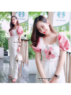 kudapy จั้มสูทขายาวผ้าซาร่าสีขาว ตัดต่อทูโทน กรี๊สสสสมาเลยค่ะชุดนี้ ขายดีตามหากันเยอะสุด