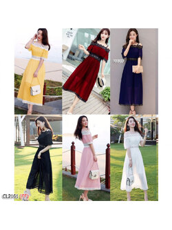 kudapy เดรสยาวสีขาว/สีเหลือง/สีชมพู สายเดี่ยว งานผ้าชีฟองมีซับใน ดีไซน์แต่งปาดไหล่ อกเอวและชายเดรสแต่งแซมด้วยผ้าลูกไม้ถักทออย่างละเอียด