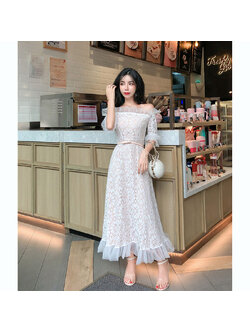 kudapy เดรสยาวสีขาว ลูกไม้ปาดไหล่แต่งมุ้งฟรุ้งฟริ้ง ออกงาน ใส่สบายสวยดูดี