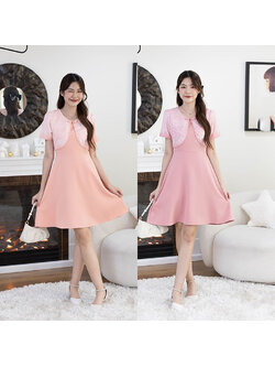 kudapy เดรสสั้นสีส้ม/สีชมพู ทรงบานแต่งเสื้อลายไทย