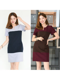 kudapy เดรสสั้นสีแดงเข้ม/ฟ้า ผ่าคอ ตัดต่อเล่นสีกลางลำตัว แต่งกระเป๋าข้างบนช่วงทูโทน งานซับในทั้งตัว