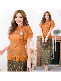 kudapy ชุดเซทผ้าถุง+เสื้อลูกไม้สีม่วง/สีส้ม ชุดใส่ออกงาน