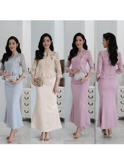 kudapy ชุด setสีครีม/สีเทา/สีชมพู เสื้อลูกไม้ทอลายดอกไม้สุดหรูแขนยาว+กระโปรงหางปลา