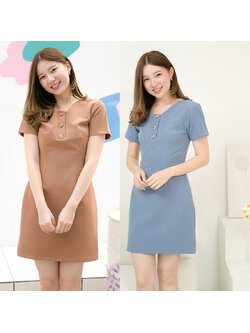 kudapy เดรสสั้นสีน้ำตาล/สีฟ้า แขนสั้น กิมมิคแต่งกระดุมช่วงอก จับเกล็ดเข้ารูป ใส่สวย