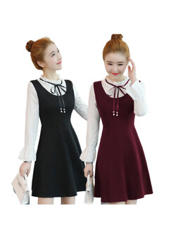 kudapy เดรสสั้นทรงเอี้ยมสีแดง สีดำ เดรสผ้าสแปนเด็กซ์ คอปีนมีเชือกสำหรับผูกโบว์ที่คอ ปลายเชือกแต่งมุกน่ารัก