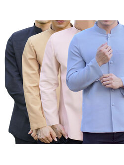 kudapy เสื้อผ้าไหมคอพระราชทานแขนยาว สีโอรสอ่อน,สีเทา,สีดำ,สีน้ำตาลทอง เสื้อผ้าไทยผู้ชาย คอพระราชทาน ผ่าหน้า