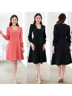 kudapy เดรสสั้นสีดำ/สีชมพูพีช แขนยาว คอยูเล็ก ปกจีบย่น เกาหลีมากแม่ กระโปรงบาน พรางสะโพก ซิปหลัง