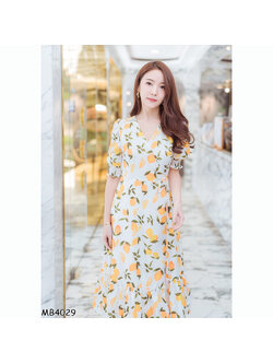 kudapy เดรสยาวสีขาว เชือกมัดโบว์ข้างลายมะนาวสวยดูดีน่ารัก