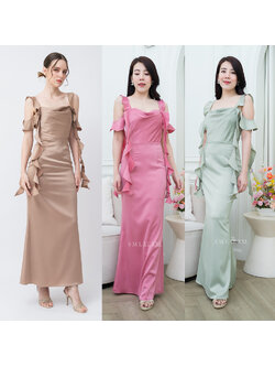 kudapy ชุดราตรียาวสีชาเขียว/สีชมพู/สีโอวัลติน แต่งสายเกลียวงานสวยทรงหรูมากๆค่ะ งานคัตติ้งพรีเมี่ยมผ้าเครปซาติน ซับใน