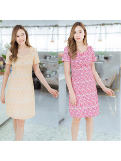kudapy เดรสวั้นสีชมพู/สีเหลือง คอวีเข้ารูปลายดอกใส่ออกงานสวยดูดีผ้าใส่สบาย
