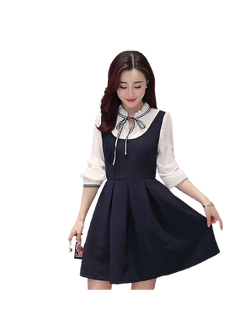 kudapy เดรสสไตล์เกาหลี เดรสคอปีนสีขาวดำ แขนยาวปลายแขนผ่าติดกระดุม คอมีเชือกาไว้ผูกโบว์เก๋ๆ