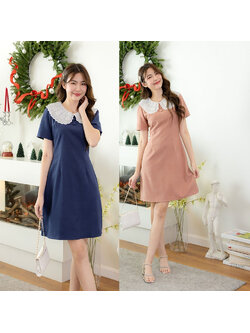 kudapy เดรสสั้นสีชมพู/สีกรม สีพื้นแต่งปกลูกไม้ คอบัวผ้าลูกไม้ แขนสั้น ผ้าใส่สบาย