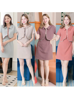 kudapy เดรสสั้นสีฟ้าอ่อน เบจ ม่วงอมน้ำตาล ส้มอิฐ แขนสั้นดีไซน์เก๋ กิมมิคเหมือนใส่เสื้อกั๊กเย็บติดตัวชุด ตัวเสื้อคอปก กุ๊นขอบสีเล่นเคิร์ฟ
