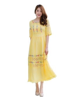 เดรวยาวคอเหลี่ยมสีเหลือง สไตล์โบว์ฮีเมี่ยน ผ้าเรย่อนเบาๆ S/XL