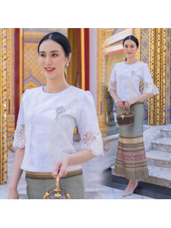 kudapy ชุดผ้าไหมชุดออกงานสีขาว ไปวัด ทำบุญ ทรงหางปลา