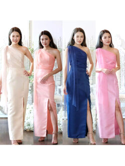 kudapy เดรสไหล่เฉัยงแต่งสีกรมท่า/สีชมพู/สีครีม/สีโอรส เดรสยาวใส่ออกงาน ผ้าเนื้องาวทรงสวยตามแบบ