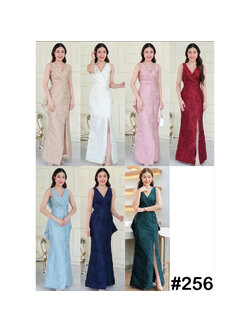 kudapy เดรสยาวสีขาว/แดง/ทอง/ชมพู/กรมท่า/ฟ้า/เขียว ผ้าพิมพ์ลายนูน ทรงคอวี กระโปรงทรงหางปลาเข้ารูป ด้านหลังจับผ้าจีบ ทรงหูกระต่าย