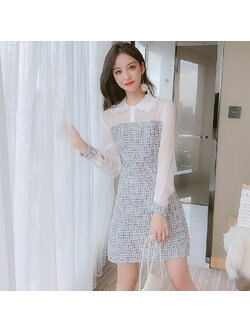 kudapy เดรสสั้นคอบัวแขนยาวชีฟองสีขาวตัดฟ้า เดรสสั้นผ้ากระสอบทรงเอ ชุดมีซับใน และซิปหลัง งานสวย เหมาะใส่เที่ยว ใส่ทำงาน ใส่ออกงาน สวยดูดีทันสมัย