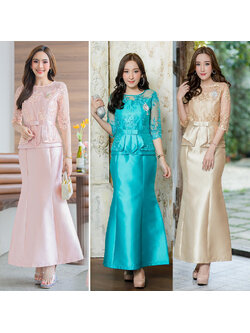 kudapy เดรสงานชิ้นเดียวไหมอิตาลีเนื้ออยู่ทรง ผ้าไหมอิตาลีทอสี่เส้นประดับด้วยผ้าลูกไม้เกรดพรีเมี่ยม